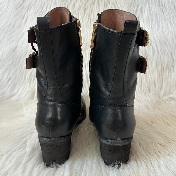 Donald Pliner Danti Combat Boots Leather Lace Up Buckle Zip Block Heeled, Black - Picture 6 of 11